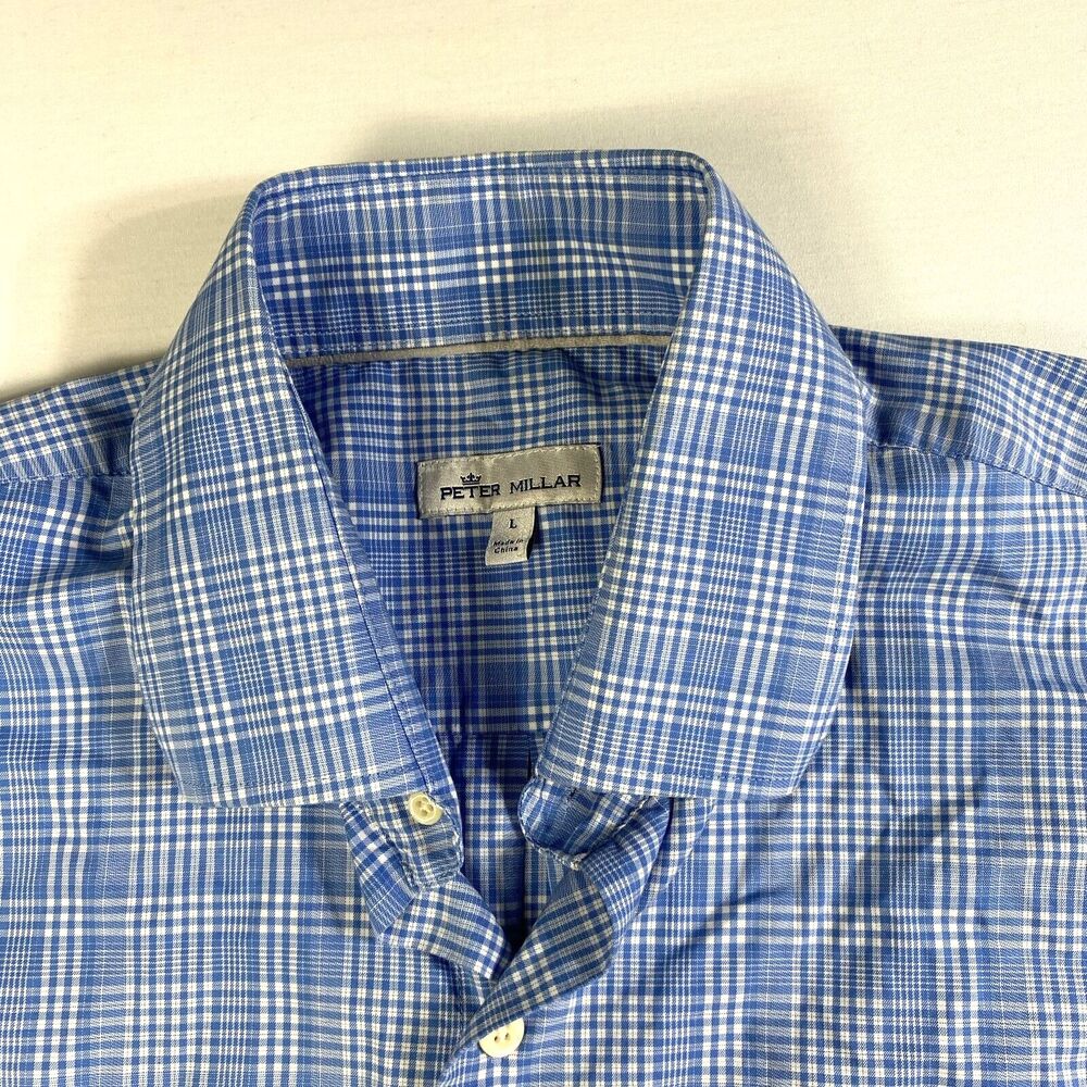 Peter Millar Mens Size Large Long Sleeve Blue Plaid Shirt Monogrammed K Cuff